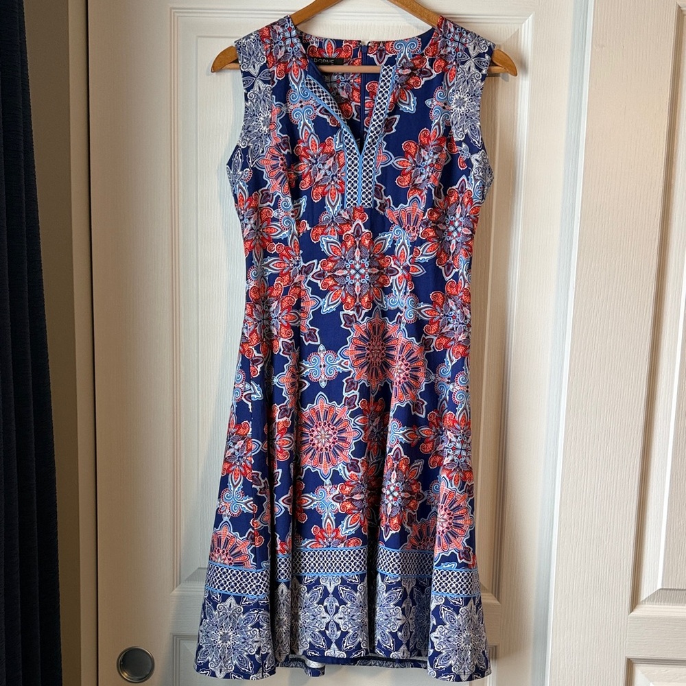Elegant Floral Midi Dress - orange, red and Blue